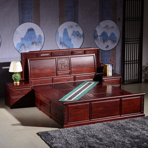 东阳红木家具 老挝红酸枝巴里黄檀中式仿古红木1.8米大床带床头柜 双人床