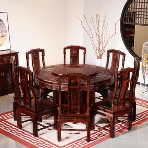 东阳红木家具厂 印尼黑酸枝 阔叶黄檀 餐桌 圆桌 座椅组合
