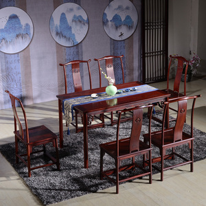 东阳红木家具 老挝红酸枝巴里黄檀中式仿古红木餐厅长方形餐桌西餐桌 桌椅组合